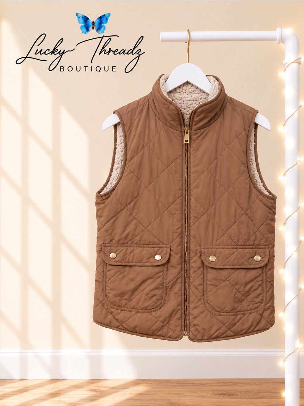 Quilted Puffer Vest Tan Sherpa Lined Camel Love Tree Small S